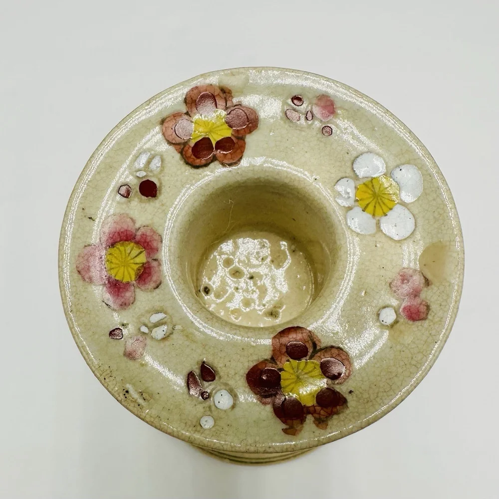Boho Hand Painted Candlestick Holder 6” Japan Flowers Glazed Ceramic